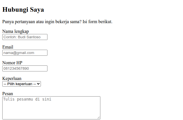Tangkapan layar form kontak berisi nama, email, nomor HP, keperluan, dan pesan